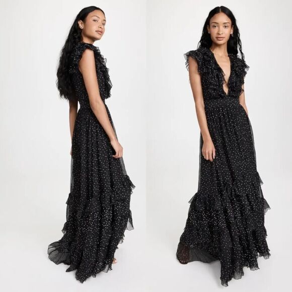 SABINA MUSAYEV SALMA POLKA DOT RUFFLED LONG DRESS IN BLACK Large - Picture 6 of 11